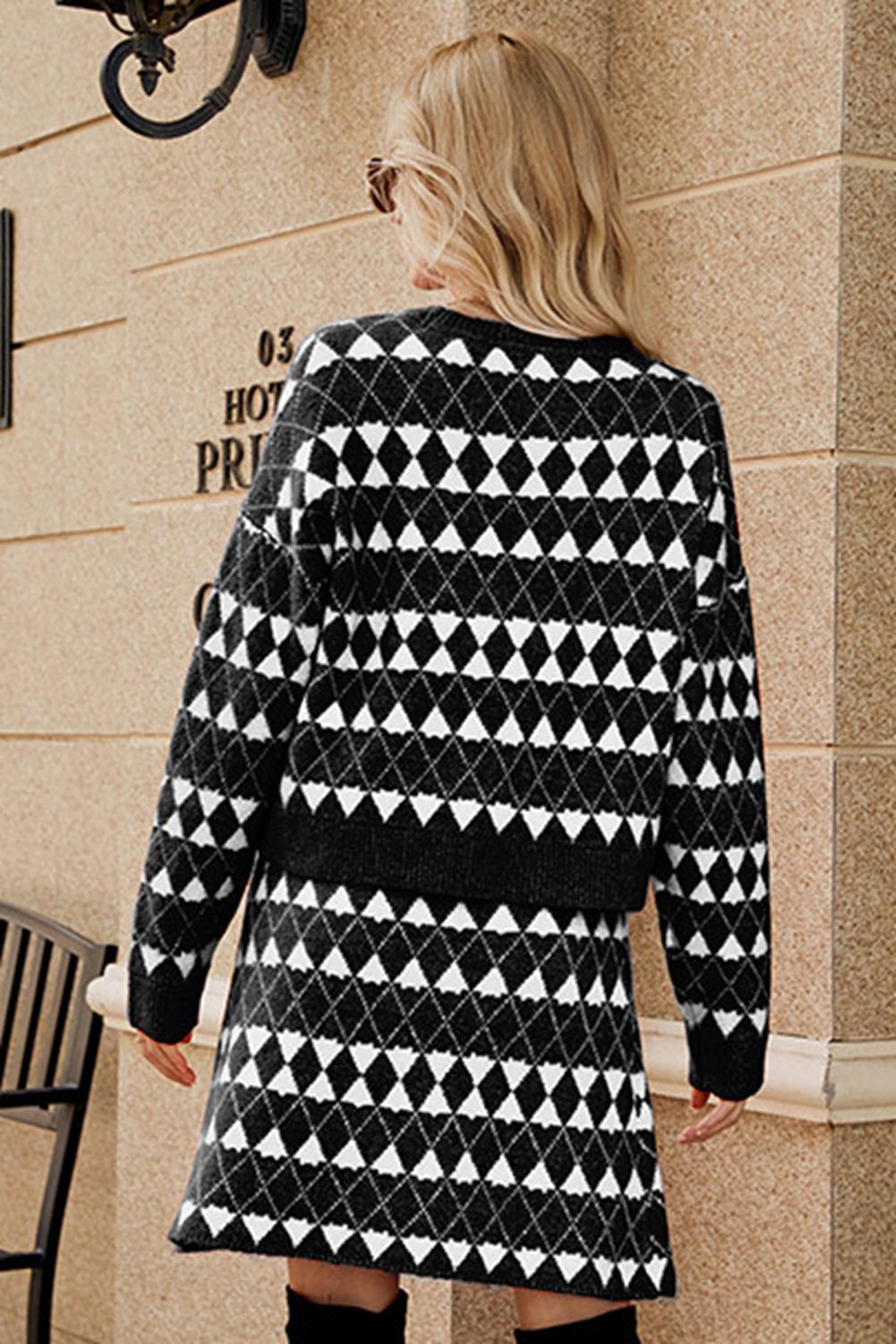 Geometric Dropped Shoulder Cardigan and Knit Skirt Set - Sweater Set - Black - Bella Bourget