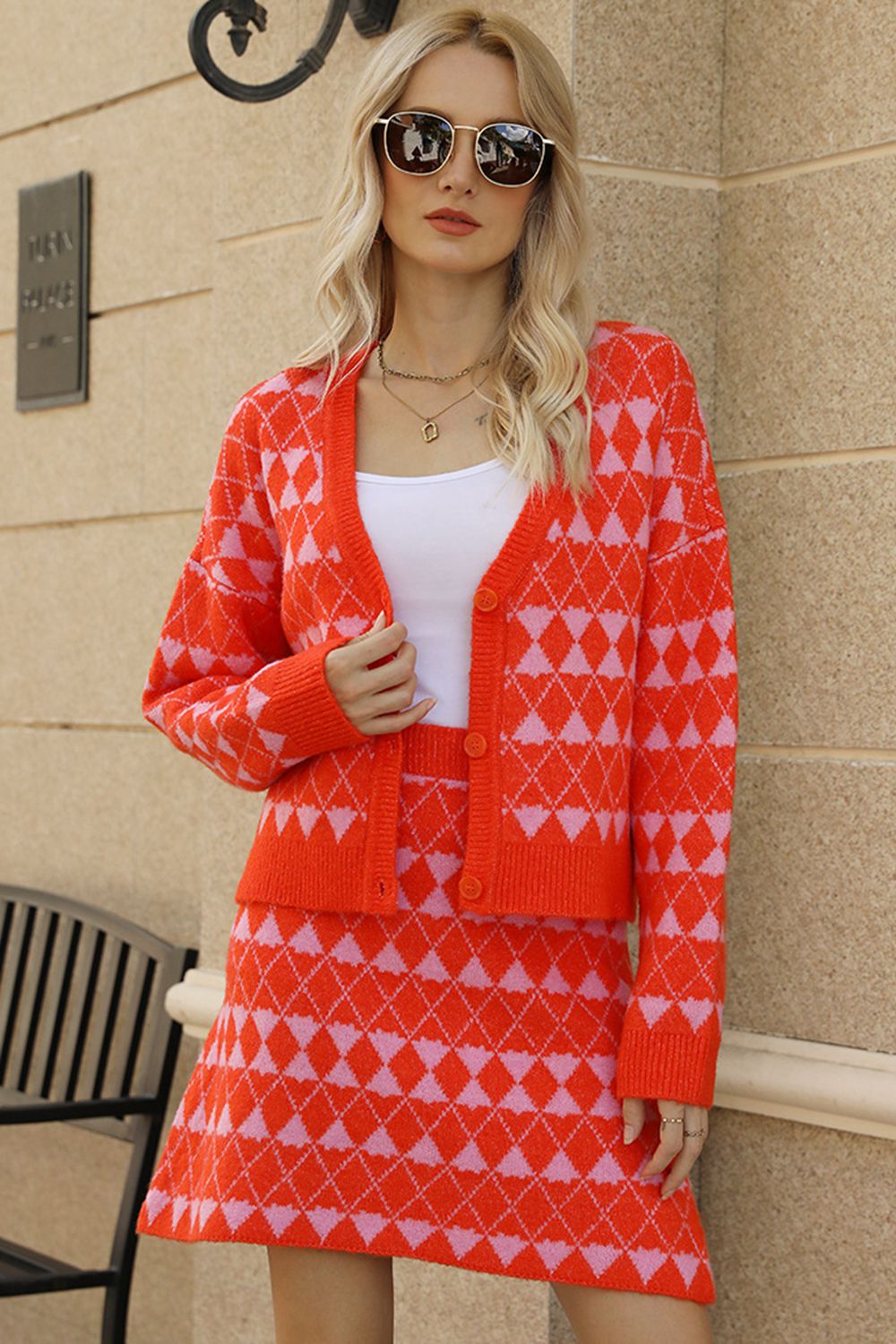 Geometric Dropped Shoulder Cardigan and Knit Skirt Set - Sweater Set - Orange - Bella Bourget