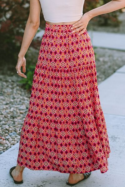 Geometric Elastic Waist Tiered Skirt - Skirt - Deep Red - Bella Bourget