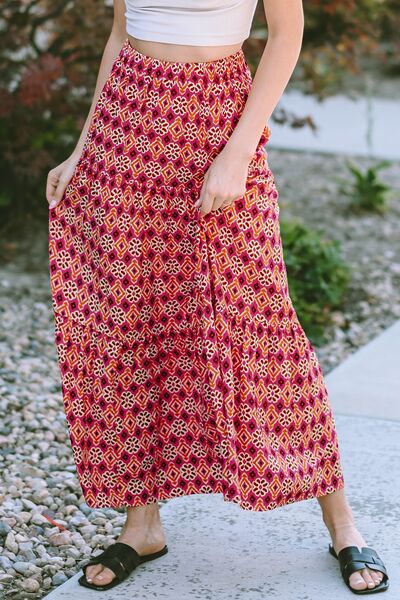 Geometric Elastic Waist Tiered Skirt - Skirt - Deep Red - Bella Bourget