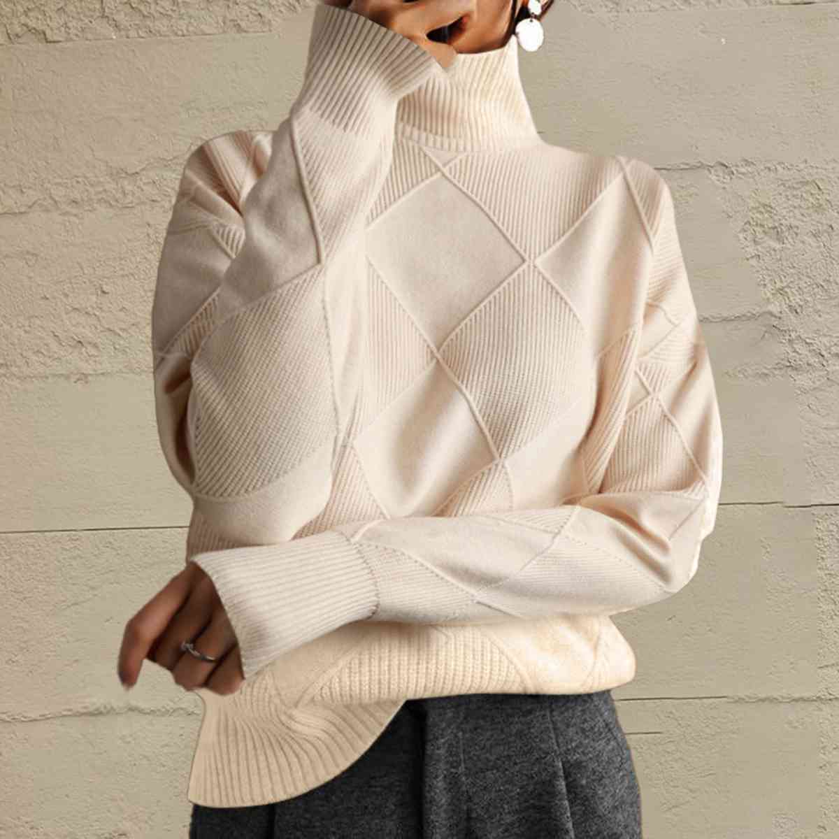 Geometric Turtleneck Long Sleeve Sweater - Sweater - Ivory - Bella Bourget