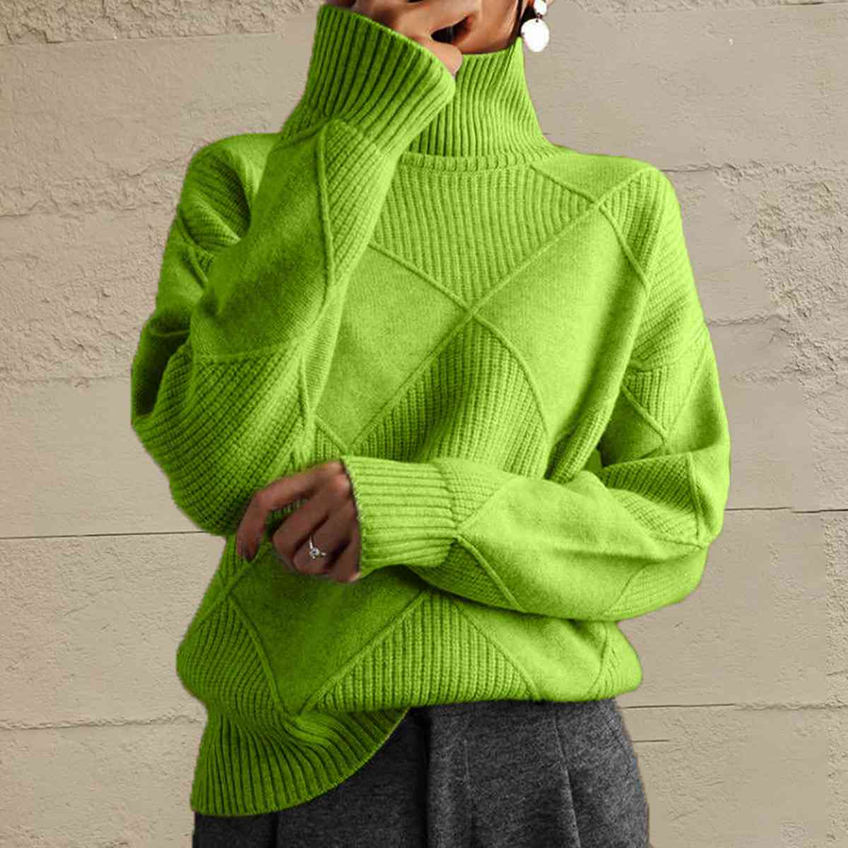 Geometric Turtleneck Long Sleeve Sweater - Sweater - Lime - Bella Bourget