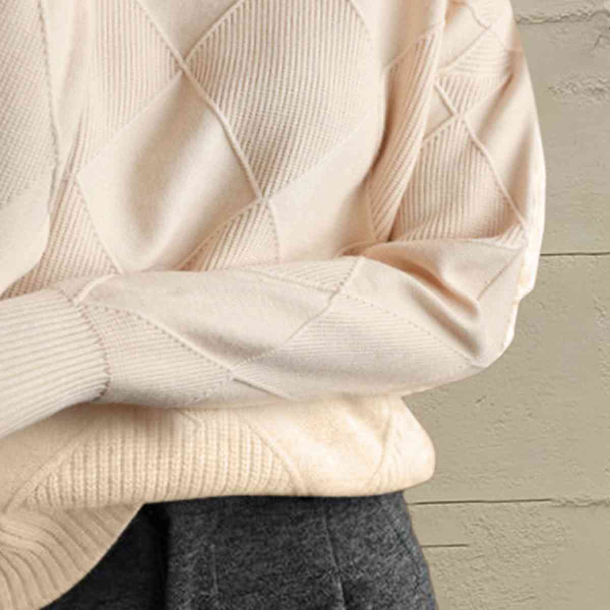 Geometric Turtleneck Long Sleeve Sweater - Sweater - Ivory - Bella Bourget