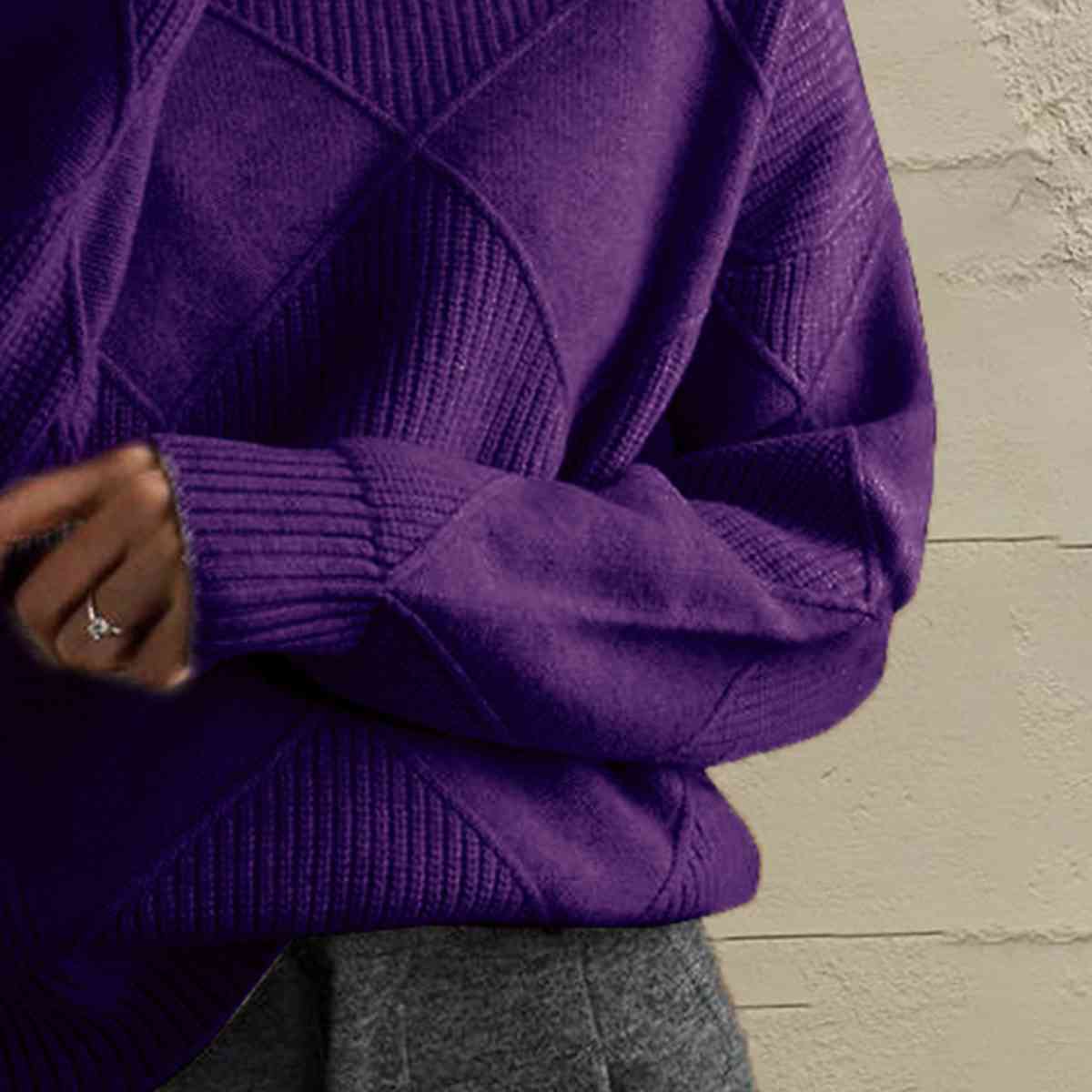 Geometric Turtleneck Long Sleeve Sweater - Sweater - Plum - Bella Bourget