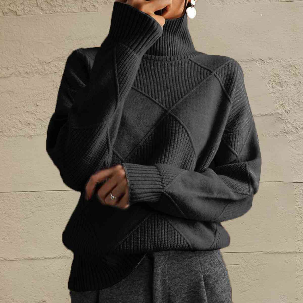 Geometric Turtleneck Long Sleeve Sweater - Sweater - Black - Bella Bourget