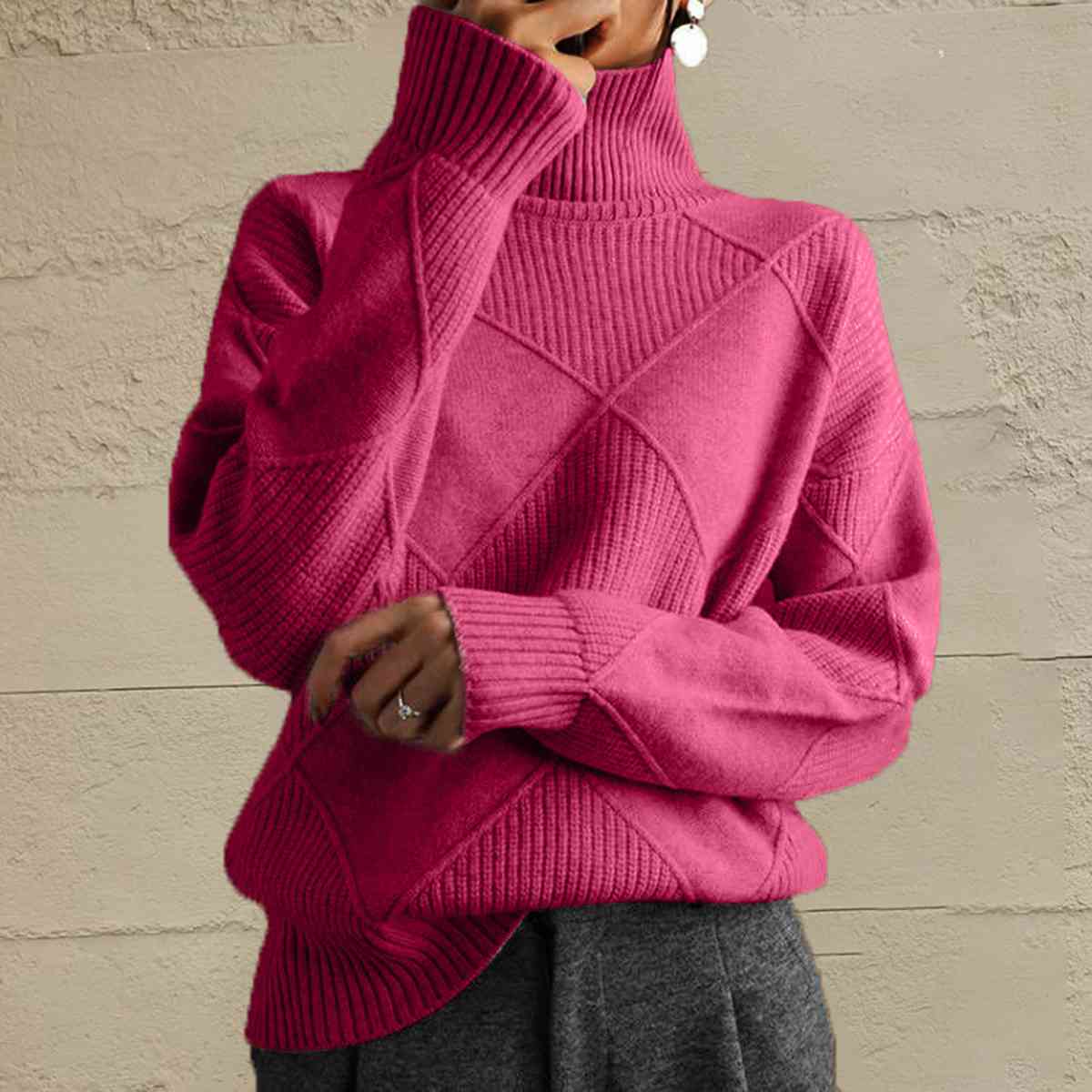 Geometric Turtleneck Long Sleeve Sweater - Sweater - Strawberry - Bella Bourget