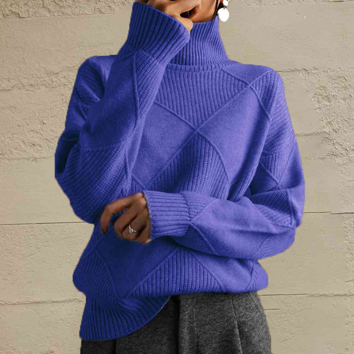 Geometric Turtleneck Long Sleeve Sweater - Sweater - Light Indigo - Bella Bourget