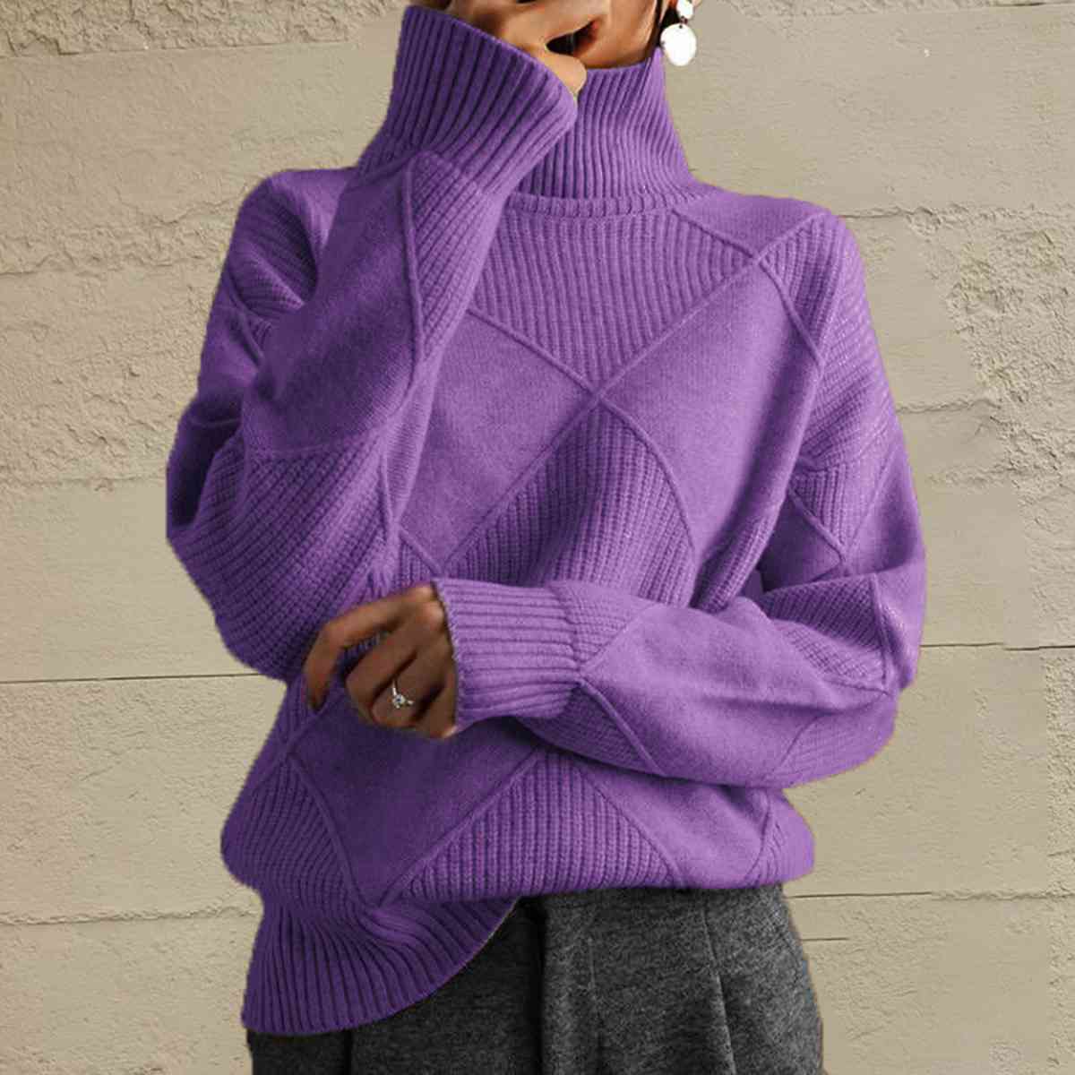 Geometric Turtleneck Long Sleeve Sweater - Sweater - Dusty Purple - Bella Bourget