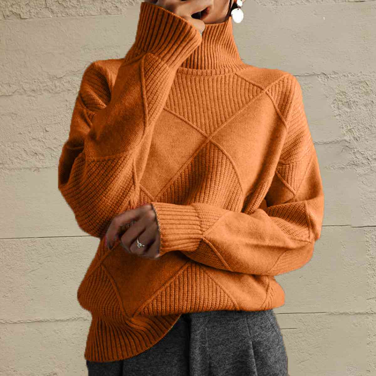 Geometric Turtleneck Long Sleeve Sweater - Sweater - Pumpkin - Bella Bourget