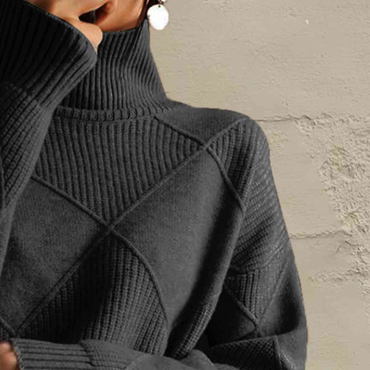 Geometric Turtleneck Long Sleeve Sweater - Sweater - Black - Bella Bourget