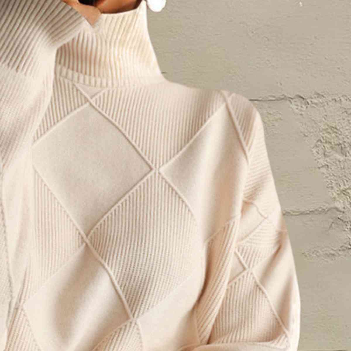 Geometric Turtleneck Long Sleeve Sweater - Sweater - Ivory - Bella Bourget