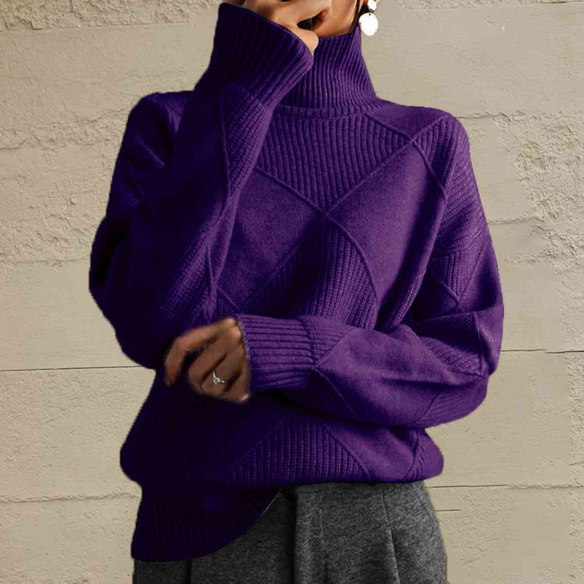 Geometric Turtleneck Long Sleeve Sweater - Sweater - Plum - Bella Bourget