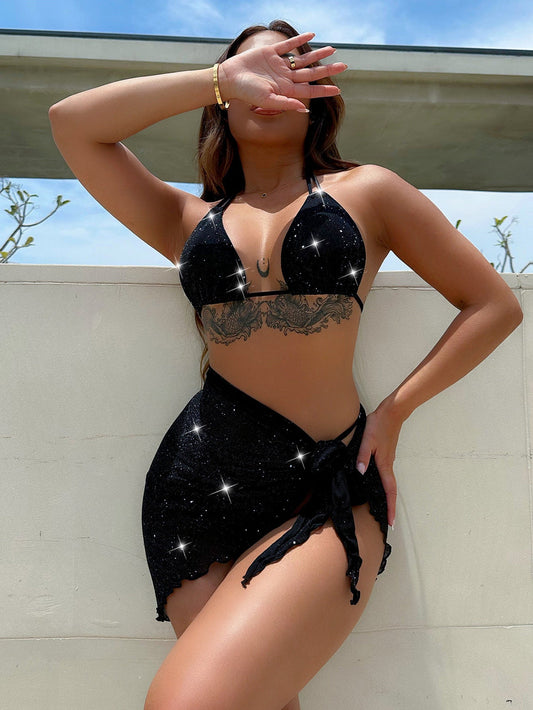 Glitter Halter Neck Backless Three - Piece Swim Set - Swim Set - Black - Bella Bourget