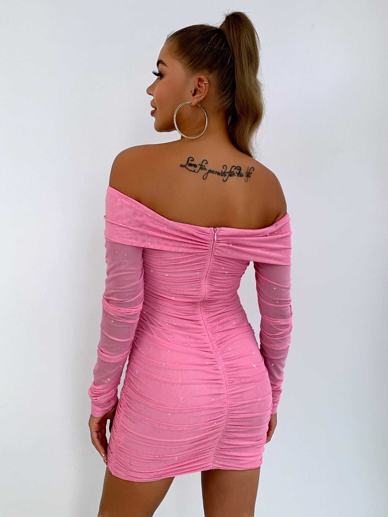 Glitter Ruched Off - Shoulder Long Sleeve Bodycon Dress - Dress - Pink - Bella Bourget