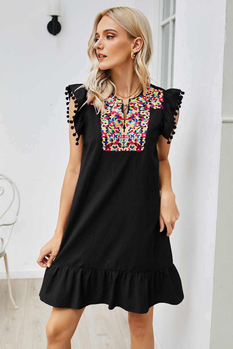 Graphic Embroidered Ruffle Hem Dress - Dress - Black - Bella Bourget