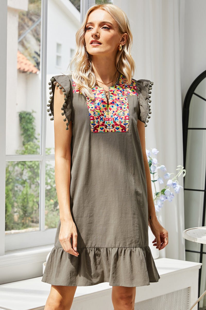 Graphic Embroidered Ruffle Hem Dress - Dress - Dark Gray - Bella Bourget