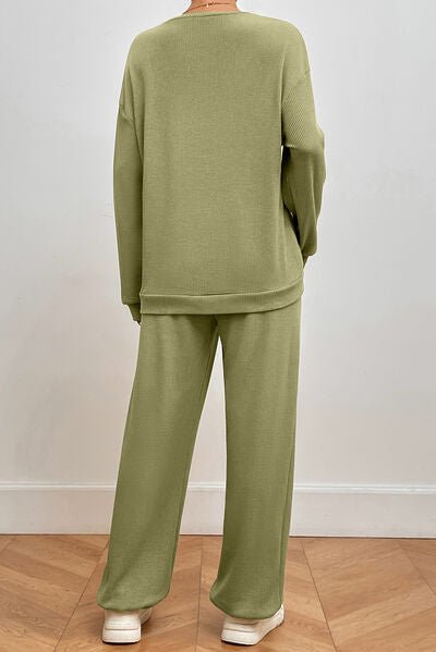 Green Pocketed Round Neck Top and Pants Lounge Set - Loungewear Set - Matcha Green - Bella Bourget