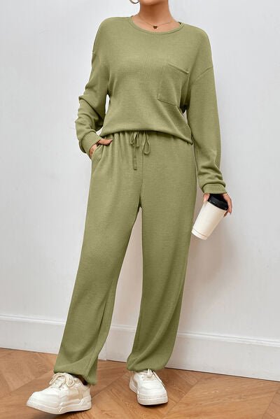 Green Pocketed Round Neck Top and Pants Lounge Set - Loungewear Set - Matcha Green - Bella Bourget