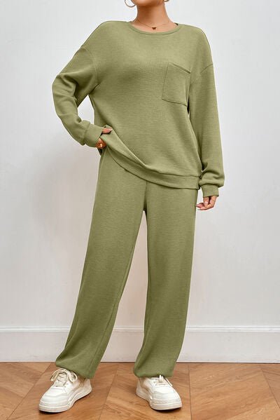 Green Pocketed Round Neck Top and Pants Lounge Set - Loungewear Set - Matcha Green - Bella Bourget