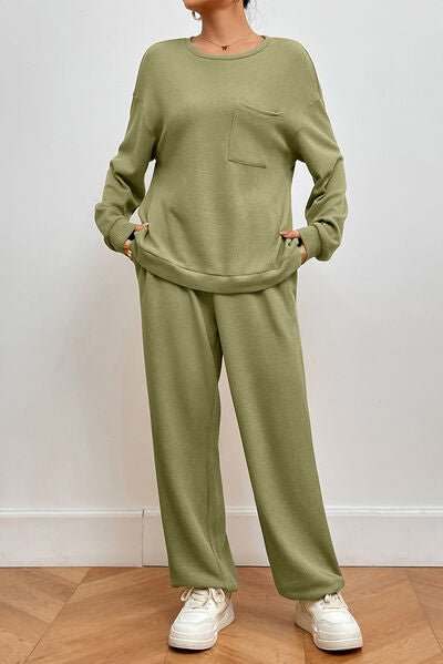 Green Pocketed Round Neck Top and Pants Lounge Set - Loungewear Set - Matcha Green - Bella Bourget