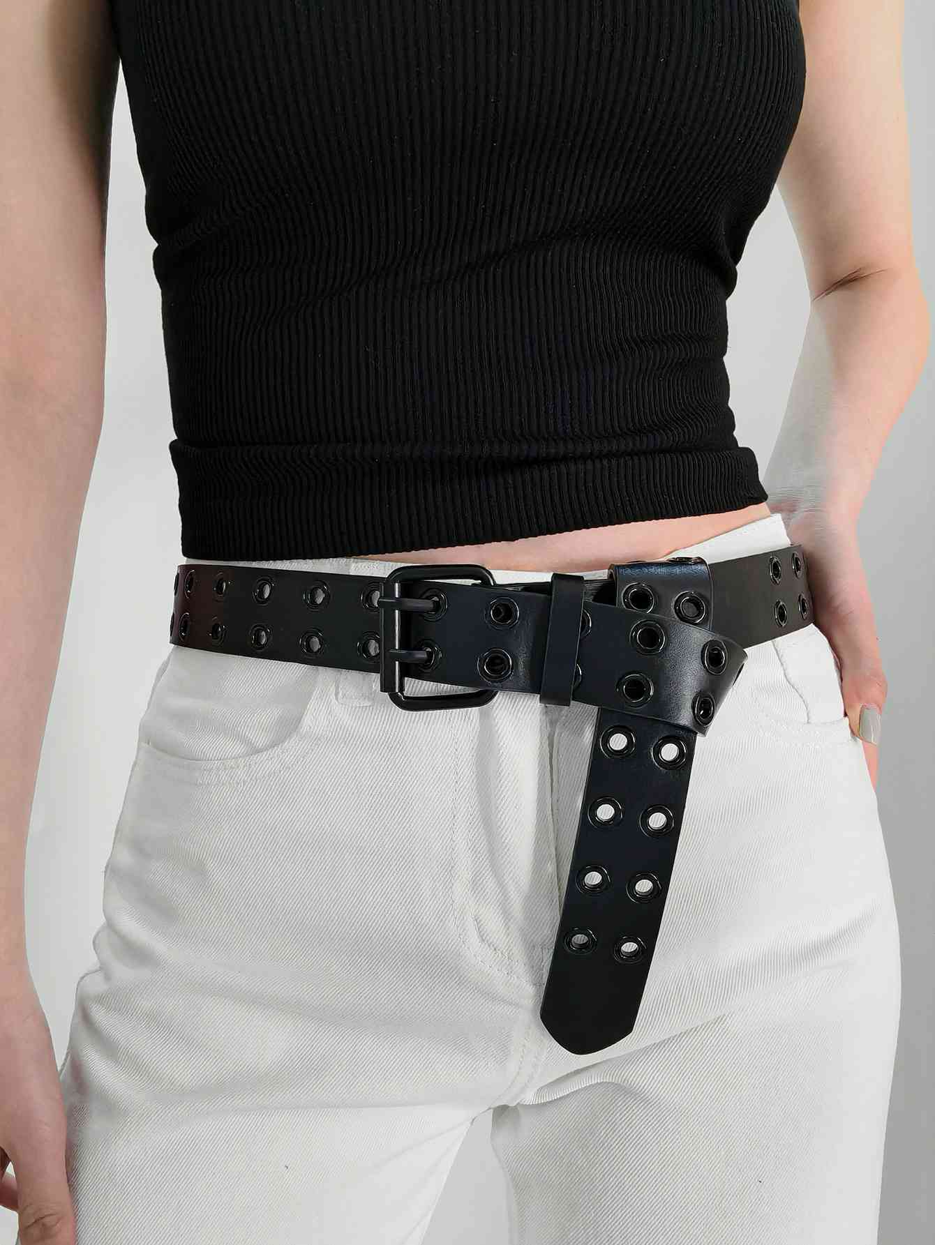 Grommet Faux Leather Belt - belt - Black - Bella Bourget