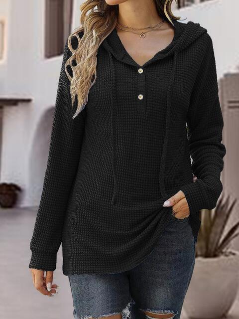 Half Button Up Drawstring Hoodie - Hoodie - Black - Bella Bourget