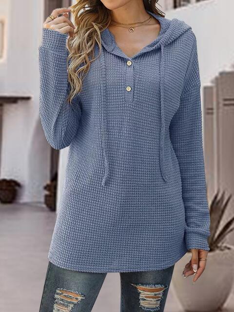 Half Button Up Drawstring Hoodie - Hoodie - Misty Blue - Bella Bourget