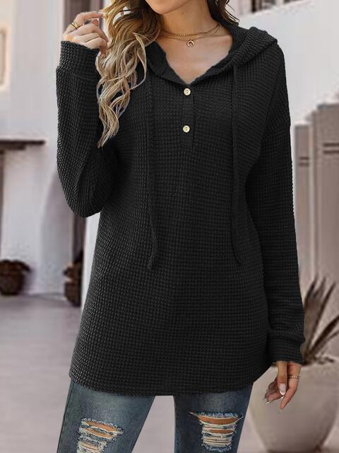 Half Button Up Drawstring Hoodie - Hoodie - Black - Bella Bourget