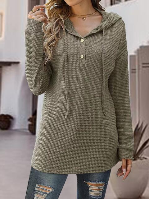 Half Button Up Drawstring Hoodie - Hoodie - Moss - Bella Bourget