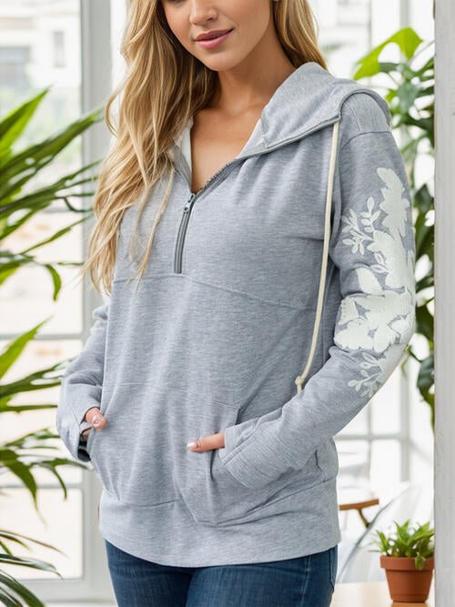 Half Zip Drawstring Hoodie with Pocket - Hoodie - Cloudy Blue - Bella Bourget