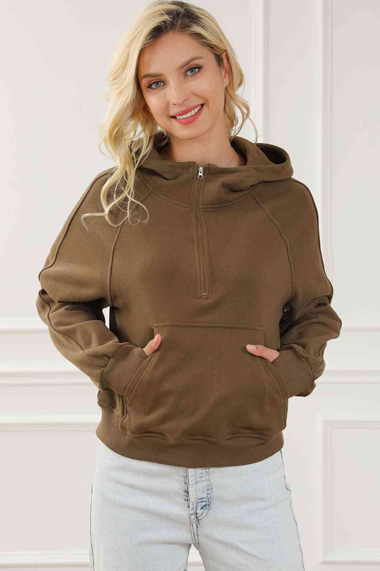 Half - Zip Long Sleeve Hoodie - Hoodie - Taupe - Bella Bourget