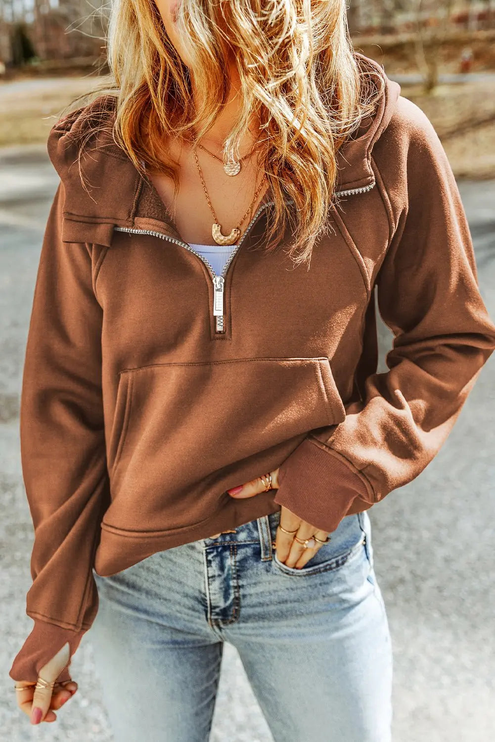 Half - Zip Thumbhole Sleeve Hoodie - Hoodie - Caramel - Bella Bourget