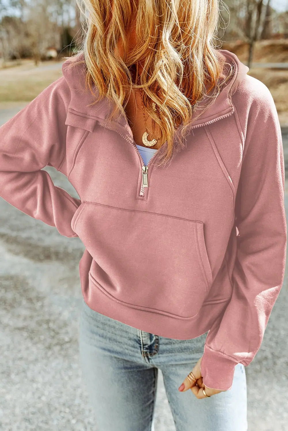 Half - Zip Thumbhole Sleeve Hoodie - Hoodie - Caramel - Bella Bourget