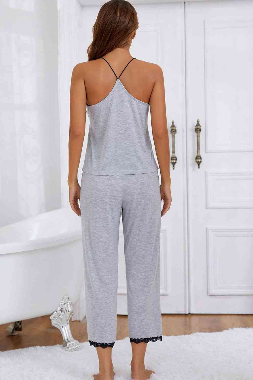 Halter Neck Cami and Lace Trim Pajama Set - Loungewear - Gray - Bella Bourget