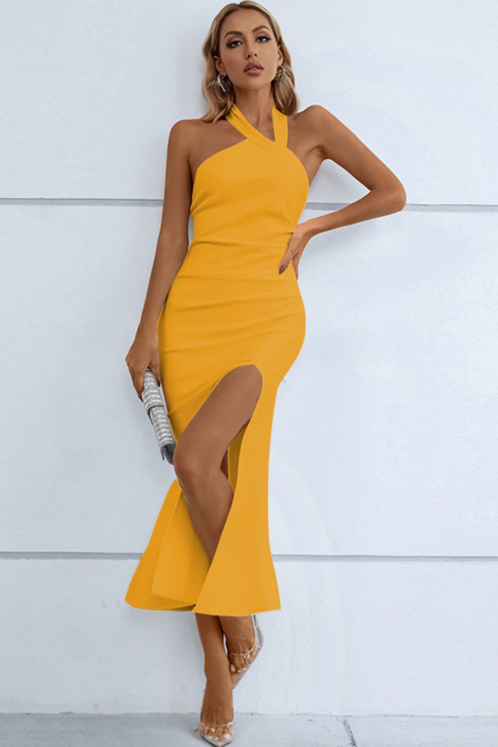 Halter Neck Split Fishtail Bodycon Dress - Dress - Yellow - Bella Bourget