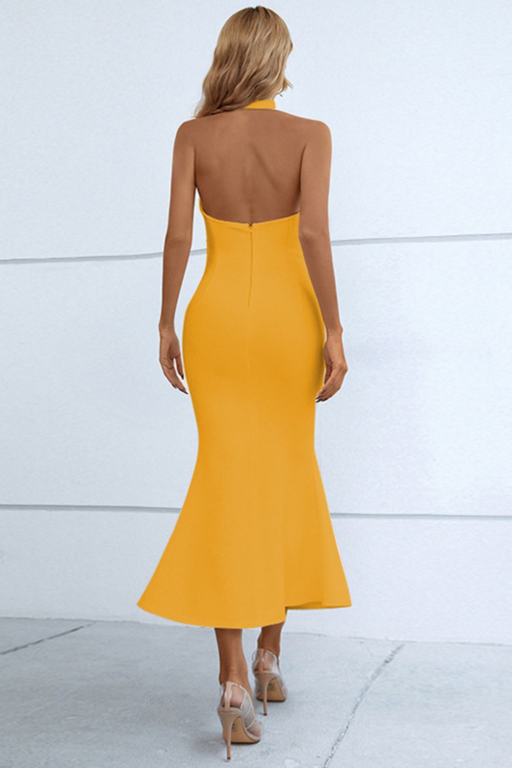 Halter Neck Split Fishtail Bodycon Dress - Dress - Yellow - Bella Bourget