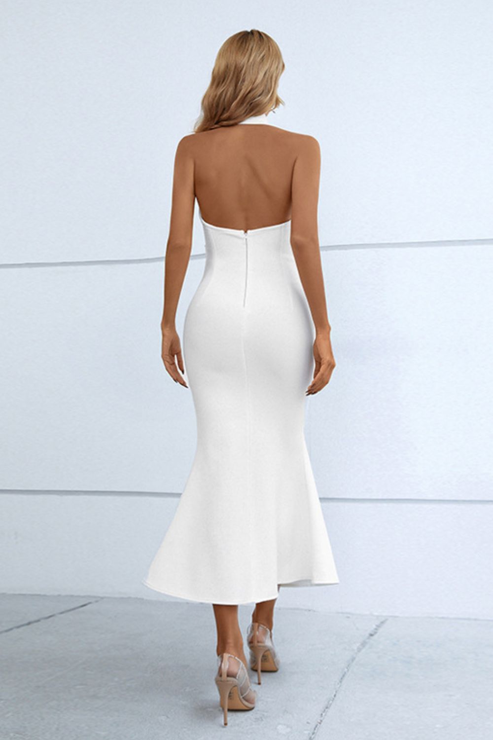 Halter Neck Split Fishtail Bodycon Dress - Dress - White - Bella Bourget