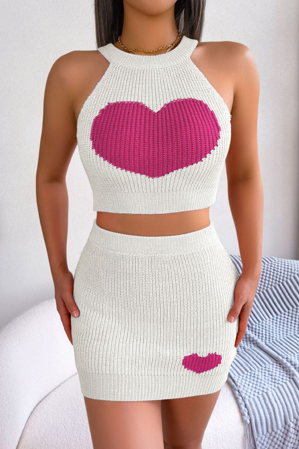 Heart Contrast Ribbed Sleeveless Knit Top and Skirt Set - Full Size Two - Piece Set - White - Bella Bourget