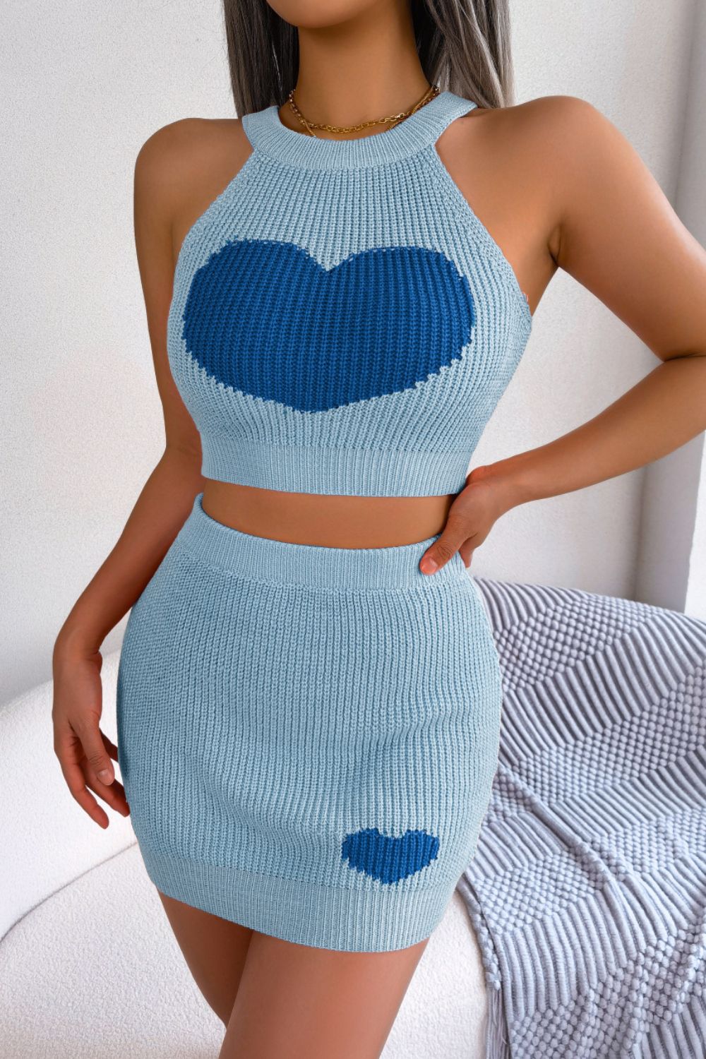 Heart Contrast Ribbed Sleeveless Knit Top and Skirt Set - Full Size Two - Piece Set - Sky Blue - Bella Bourget