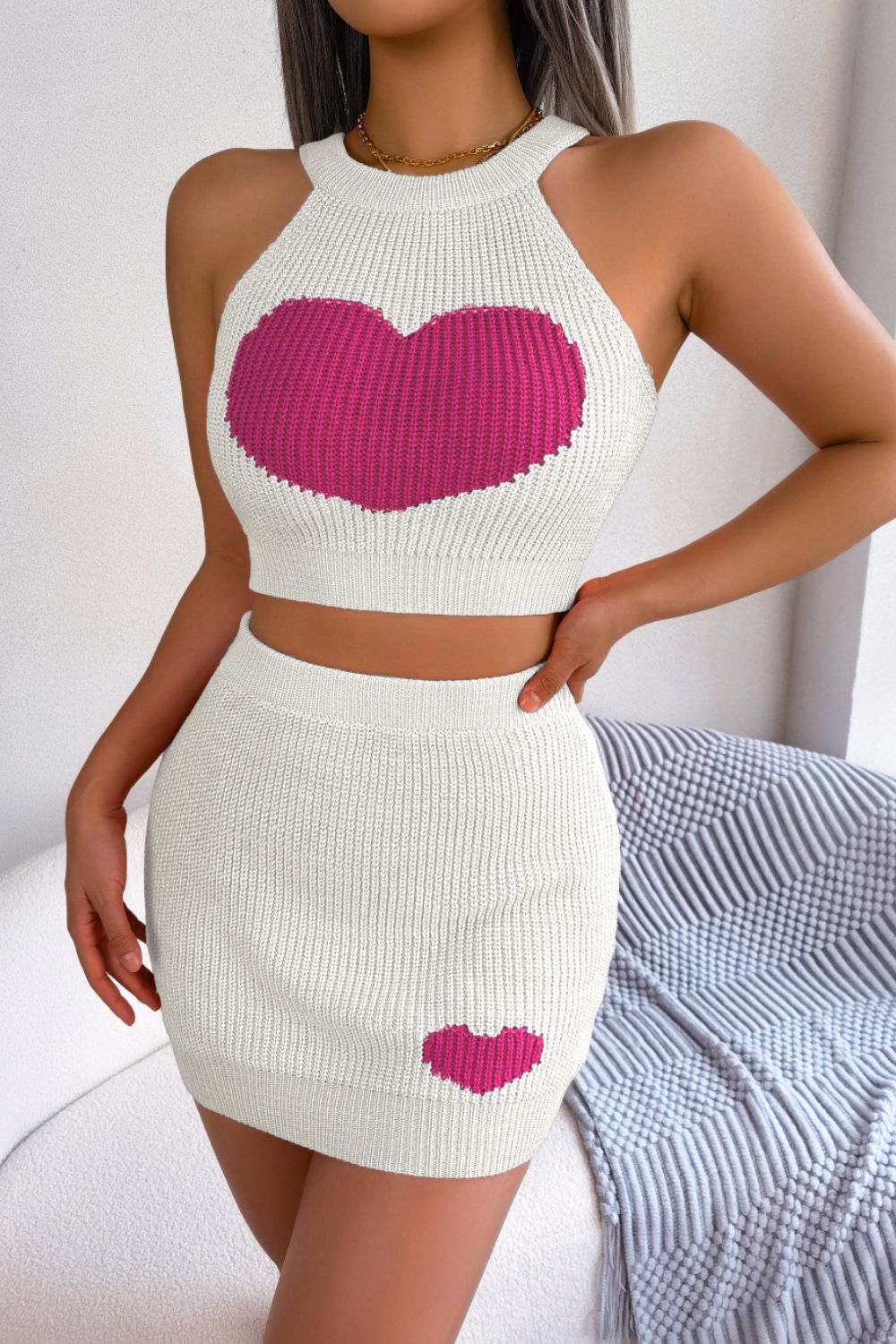 Heart Contrast Ribbed Sleeveless Knit Top and Skirt Set - Full Size Two - Piece Set - White - Bella Bourget