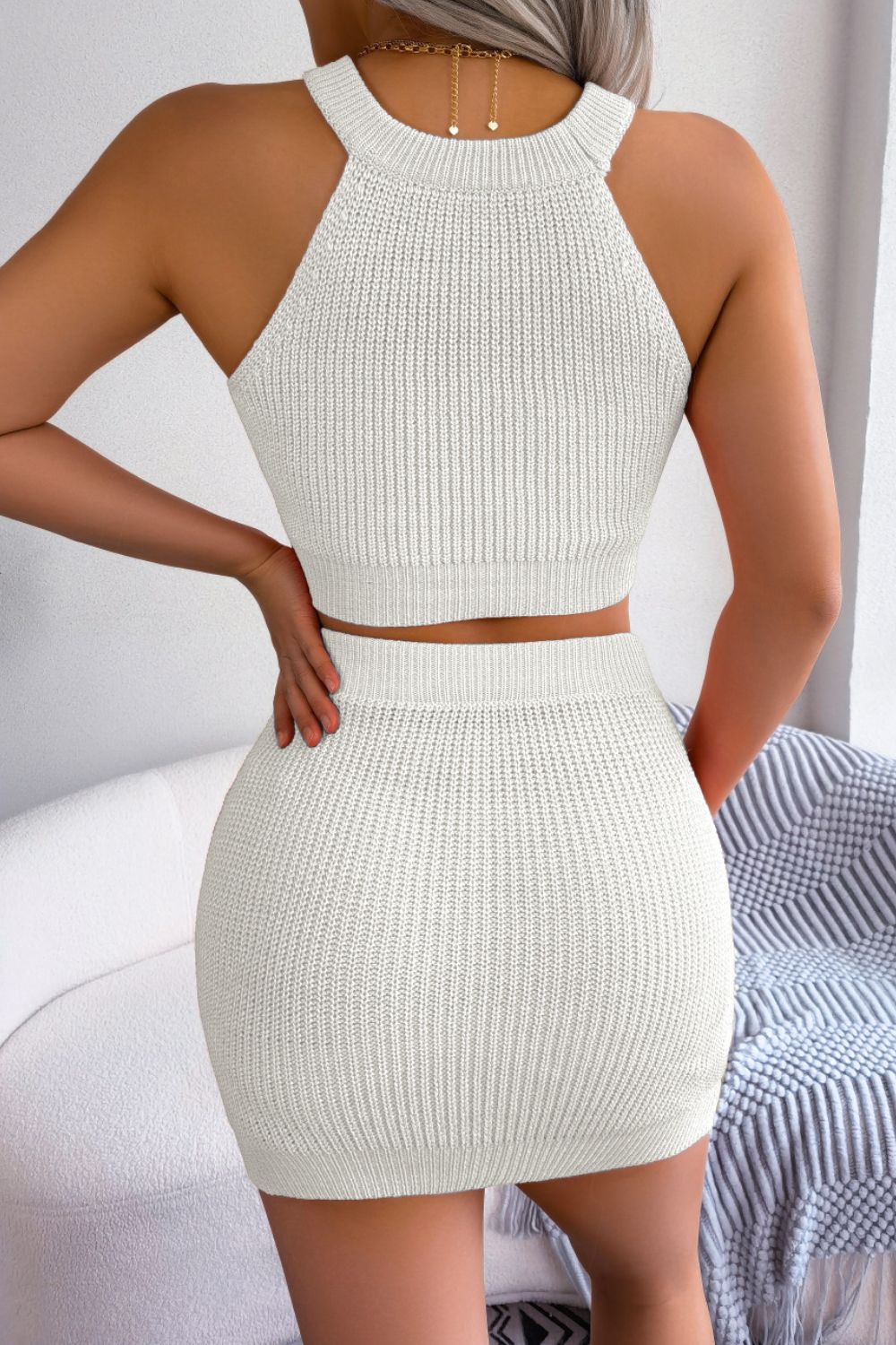 Heart Contrast Ribbed Sleeveless Knit Top and Skirt Set - Full Size Two - Piece Set - White - Bella Bourget