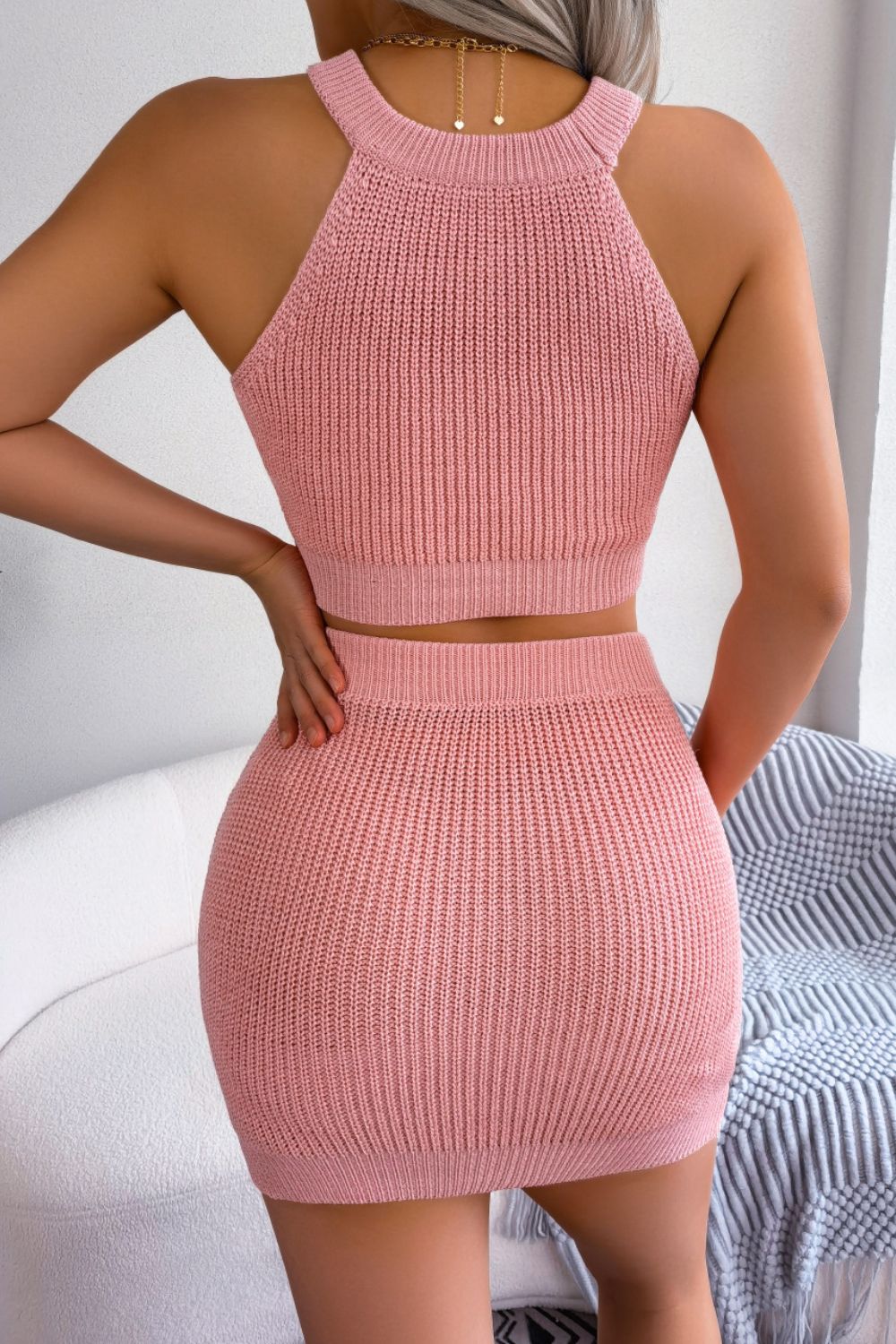 Heart Contrast Ribbed Sleeveless Knit Top and Skirt Set - Full Size Two - Piece Set - Peach - Bella Bourget