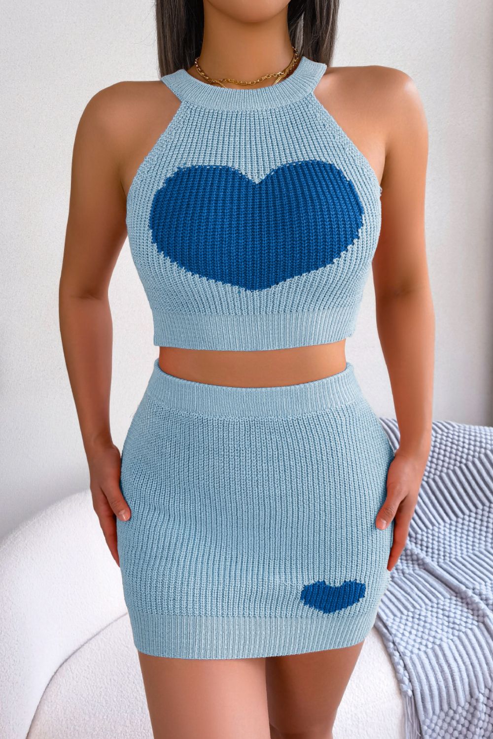 Heart Contrast Ribbed Sleeveless Knit Top and Skirt Set - Full Size Two - Piece Set - Sky Blue - Bella Bourget