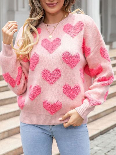 Heart Round Neck Dropped Shoulder Sweater - Sweater - Blush Pink - Bella Bourget