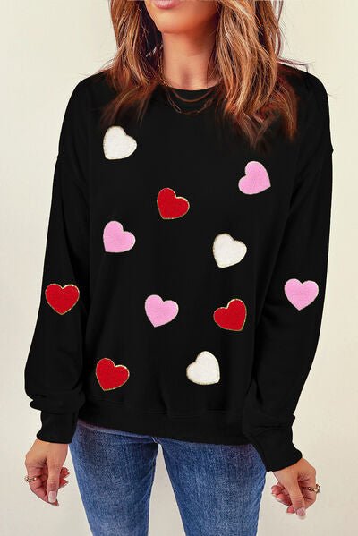 Heart Round Neck Dropped Shoulder Sweatshirt - Sweatshirt - Black - Bella Bourget