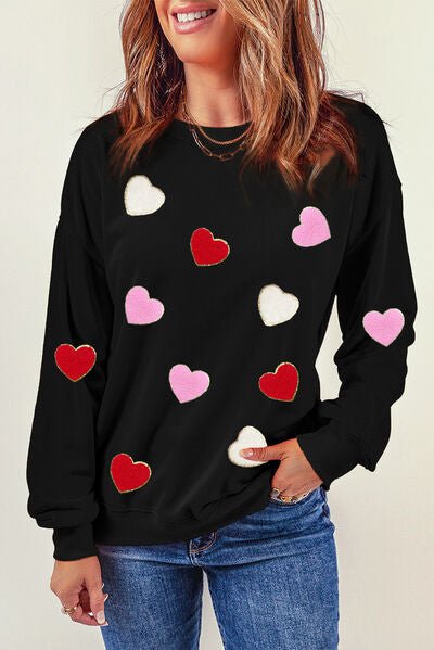 Heart Round Neck Dropped Shoulder Sweatshirt - Sweatshirt - Black - Bella Bourget