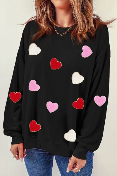 Heart Round Neck Dropped Shoulder Sweatshirt - Sweatshirt - Black - Bella Bourget