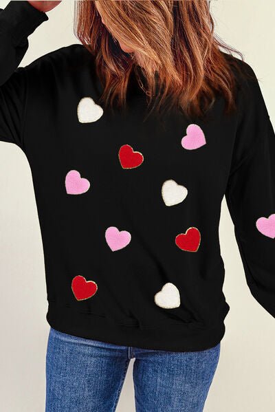 Heart Round Neck Dropped Shoulder Sweatshirt - Sweatshirt - Black - Bella Bourget