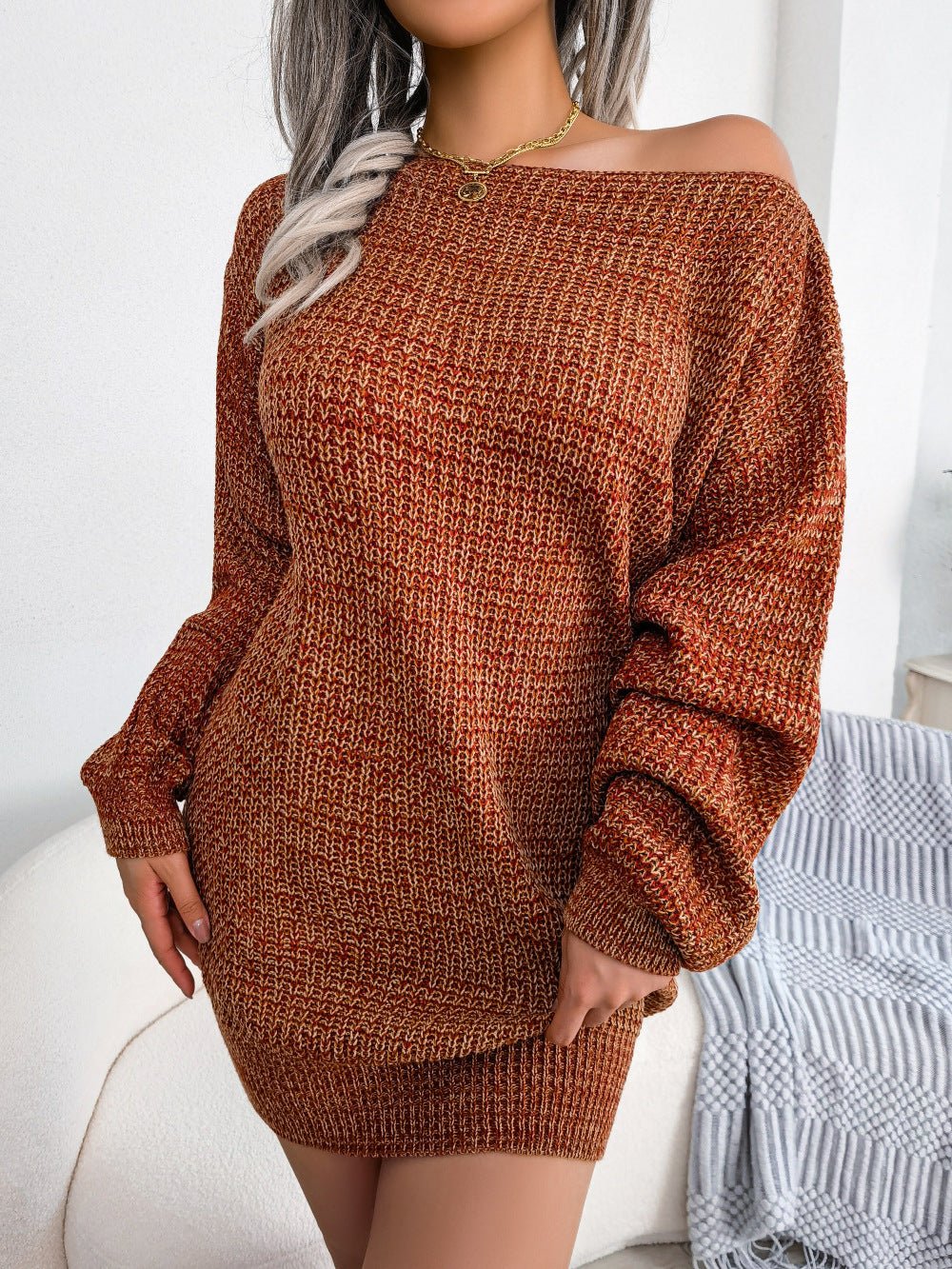 Heathered Boat Neck Lantern Sleeve Sweater Dress - Dress - Brick - Bella Bourget