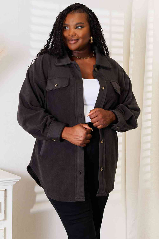 Heimish Cozy Girl Full Size Button Down Shacket - Full Size Jackets - Charcoal - Bella Bourget